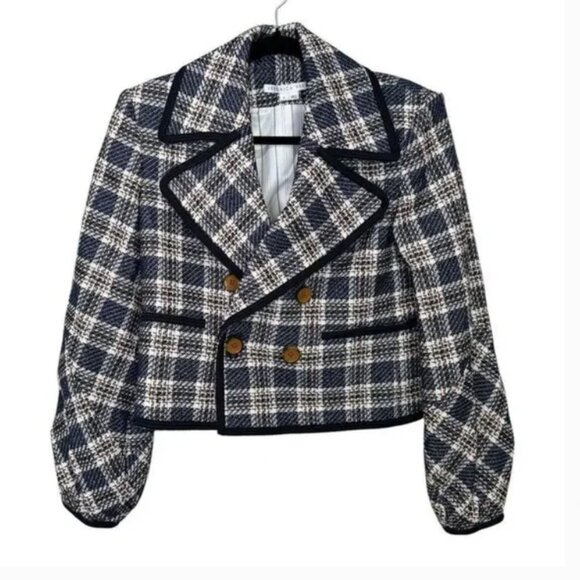 EUC Veronica Beard Aise Double Breasted Plaid Tweed Jacket Ink Multi Size 12 - Picture 6 of 10